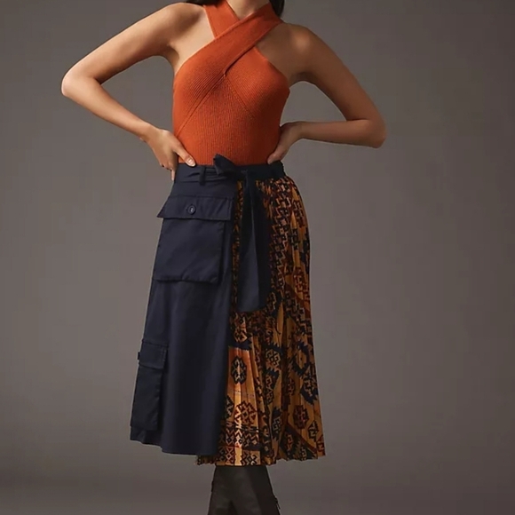 Anthropologie Dresses & Skirts - Anthropologie, New Eva Franco Pleated Cargo Wrap Skirt Blue/Orange SZ Small 2